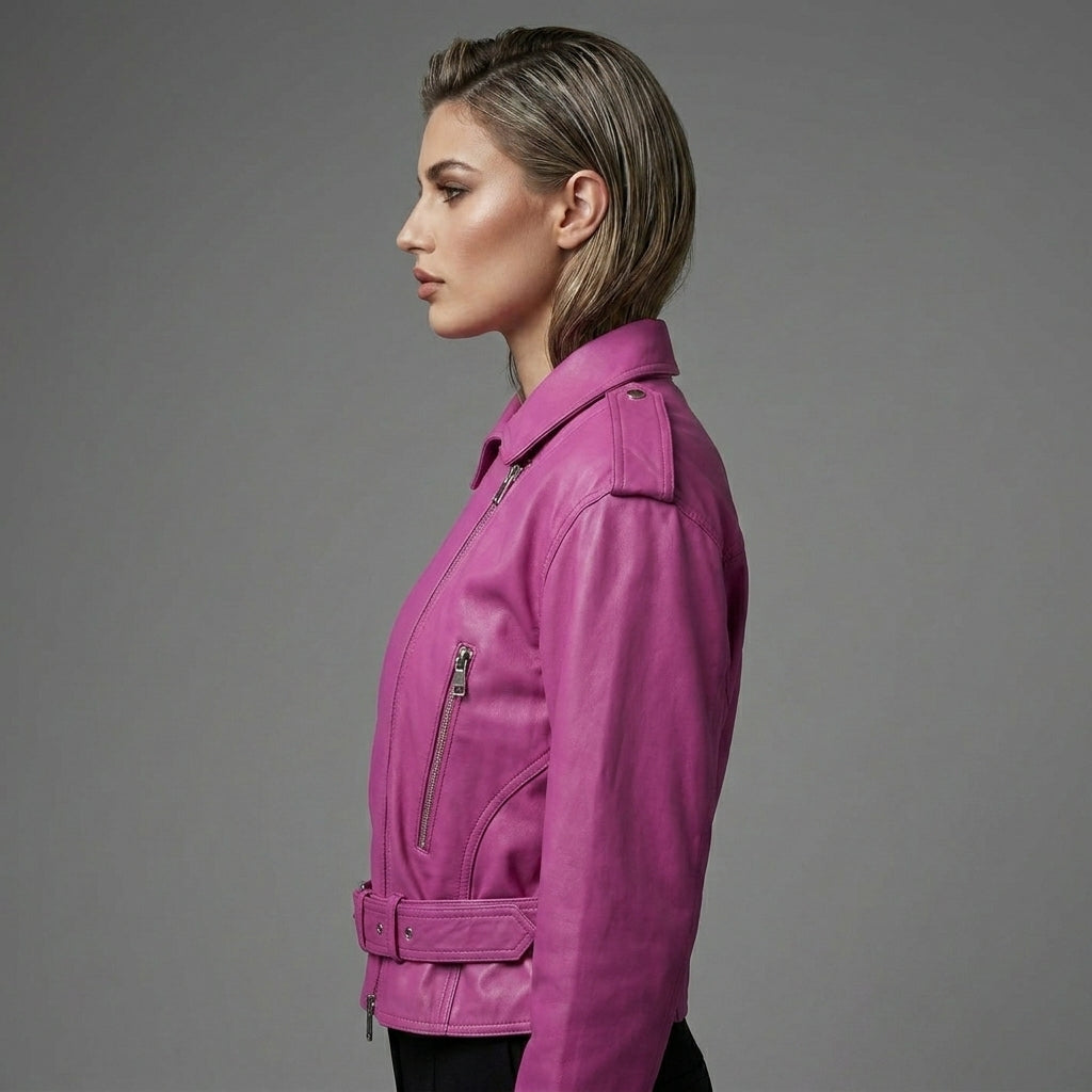 Pink Cropped Leather Biker Jacket for Women