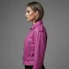 Pink Cropped Leather Biker Jacket for Women