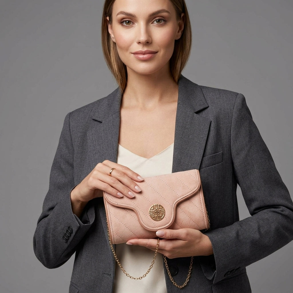 Pink Quilted Leather Crossbody Bag with Gold Circular Logo