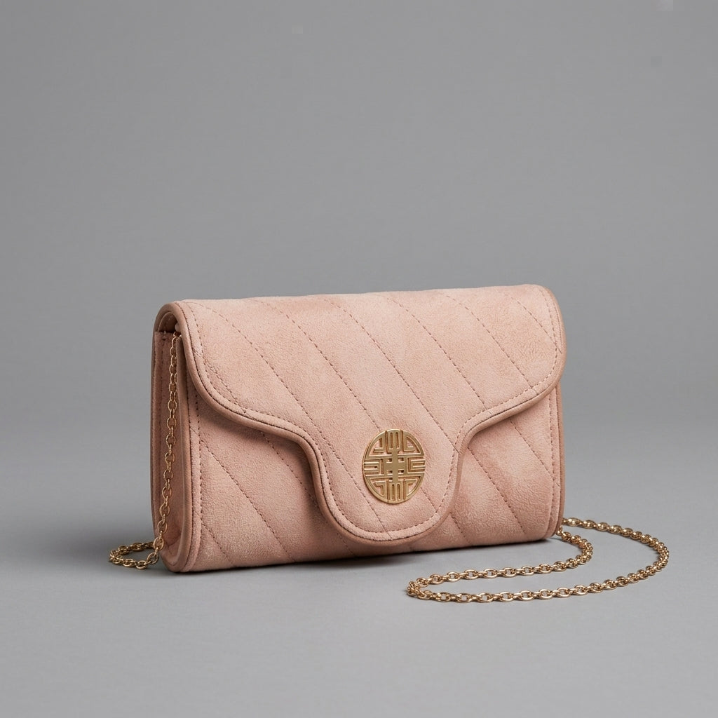 Pink Quilted Leather Crossbody Bag with Gold Circular Logo
