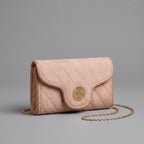 Pink Quilted Leather Crossbody Bag with Gold Circular Logo