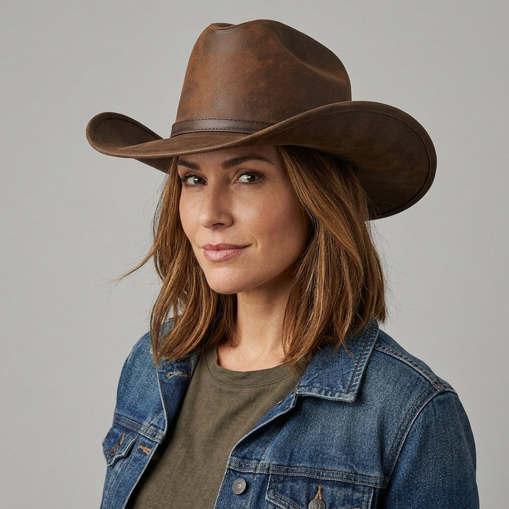 Premium Brown Leather Western Cowboy Hat for Women