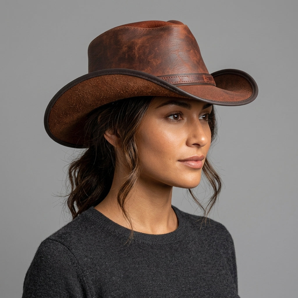 Premium Leather Cowboy Hat with Pinched Crown
