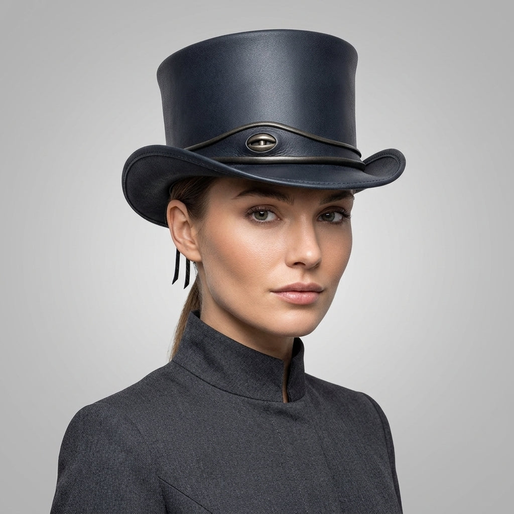 Premium Leather Top Hat with Metal Eye Emblem Band