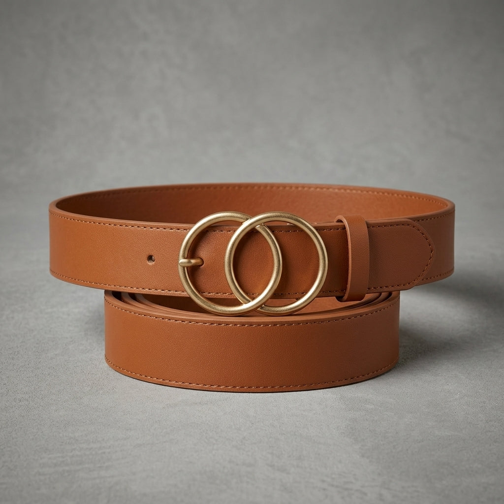 Double O-Ring Gold Buckle Leather Belt