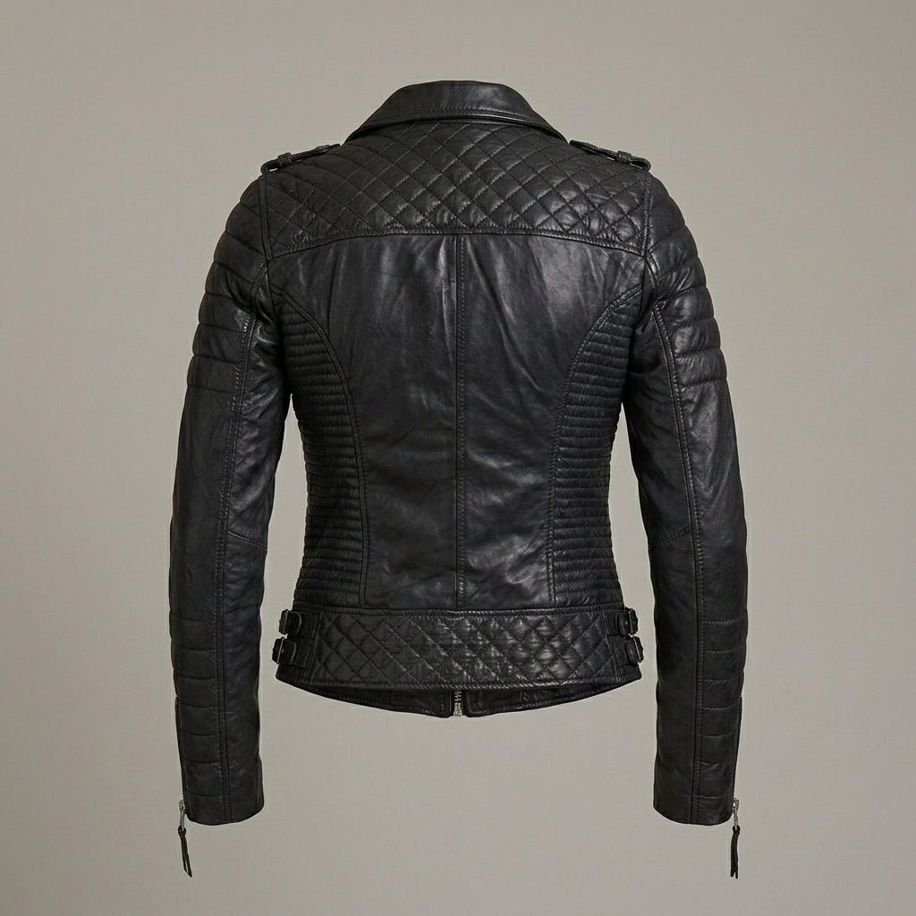Raven Black Ribbed Leather Biker Jacket