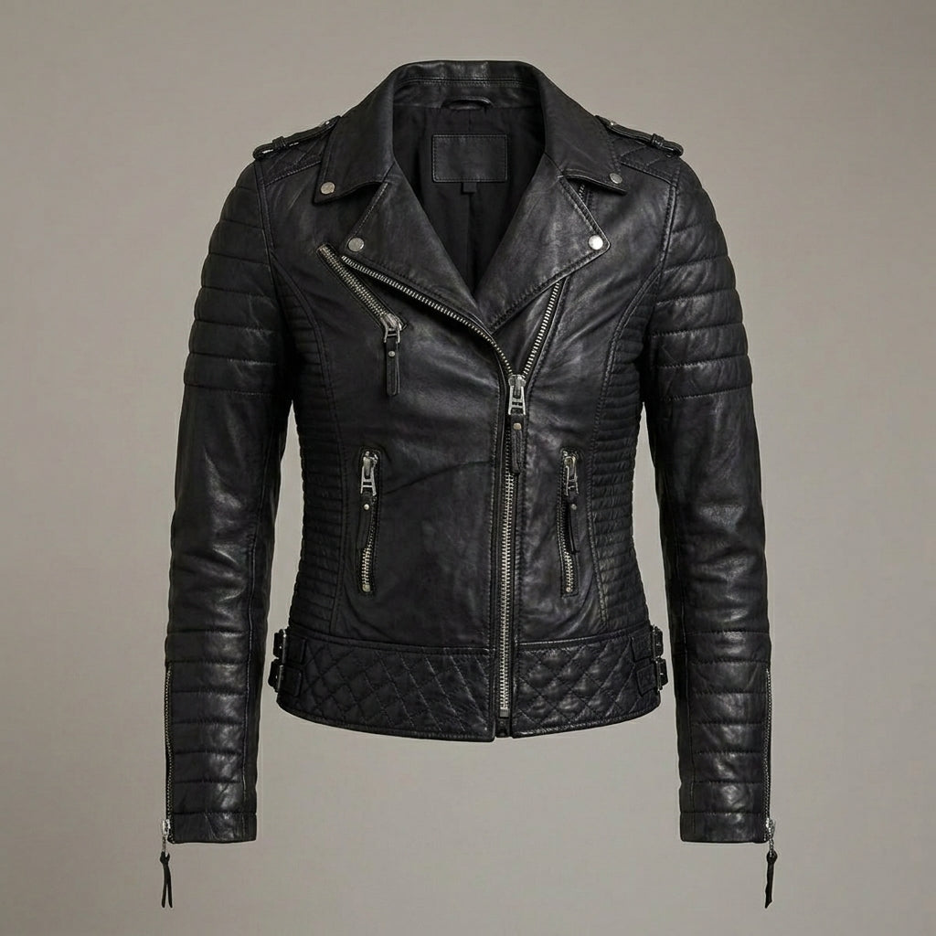 Raven Black Ribbed Leather Biker Jacket
