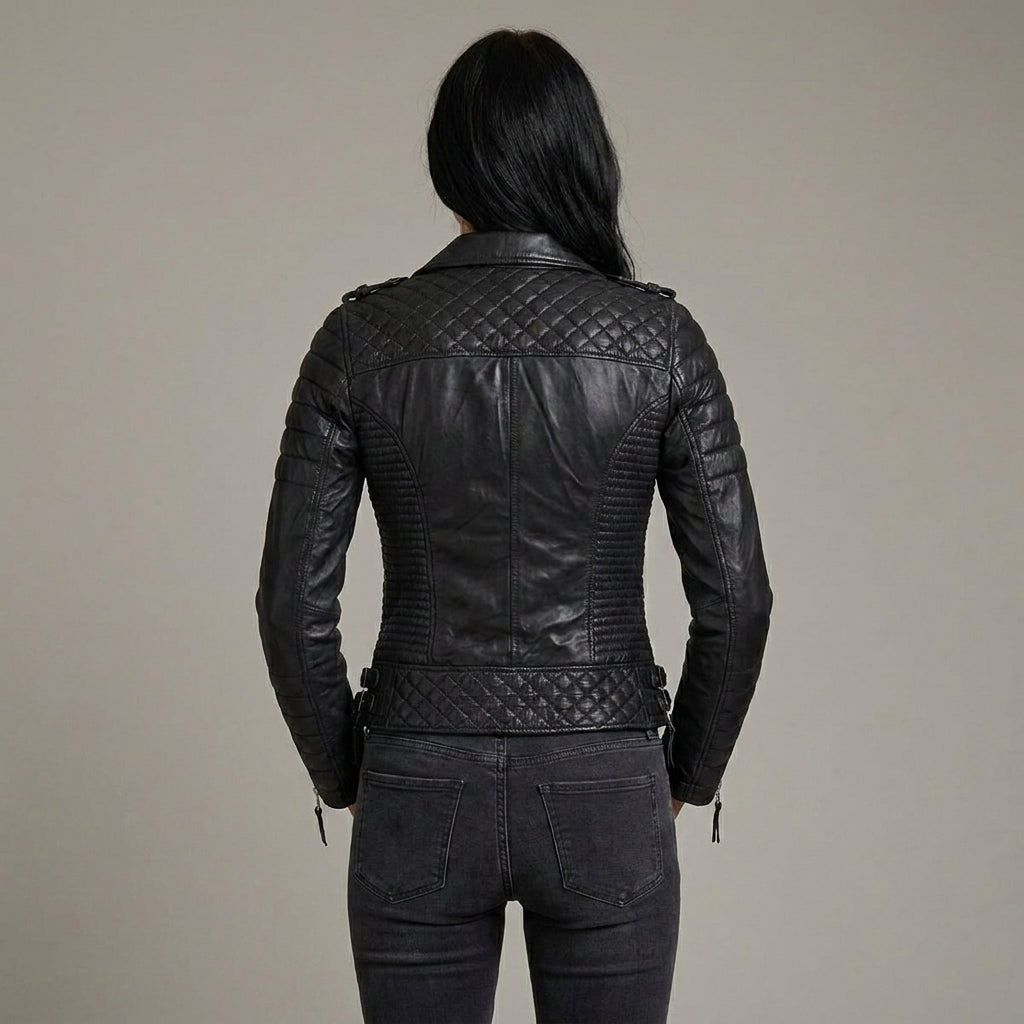 Raven Black Ribbed Leather Biker Jacket