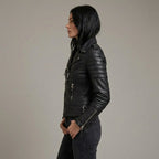 Raven Black Ribbed Leather Biker Jacket
