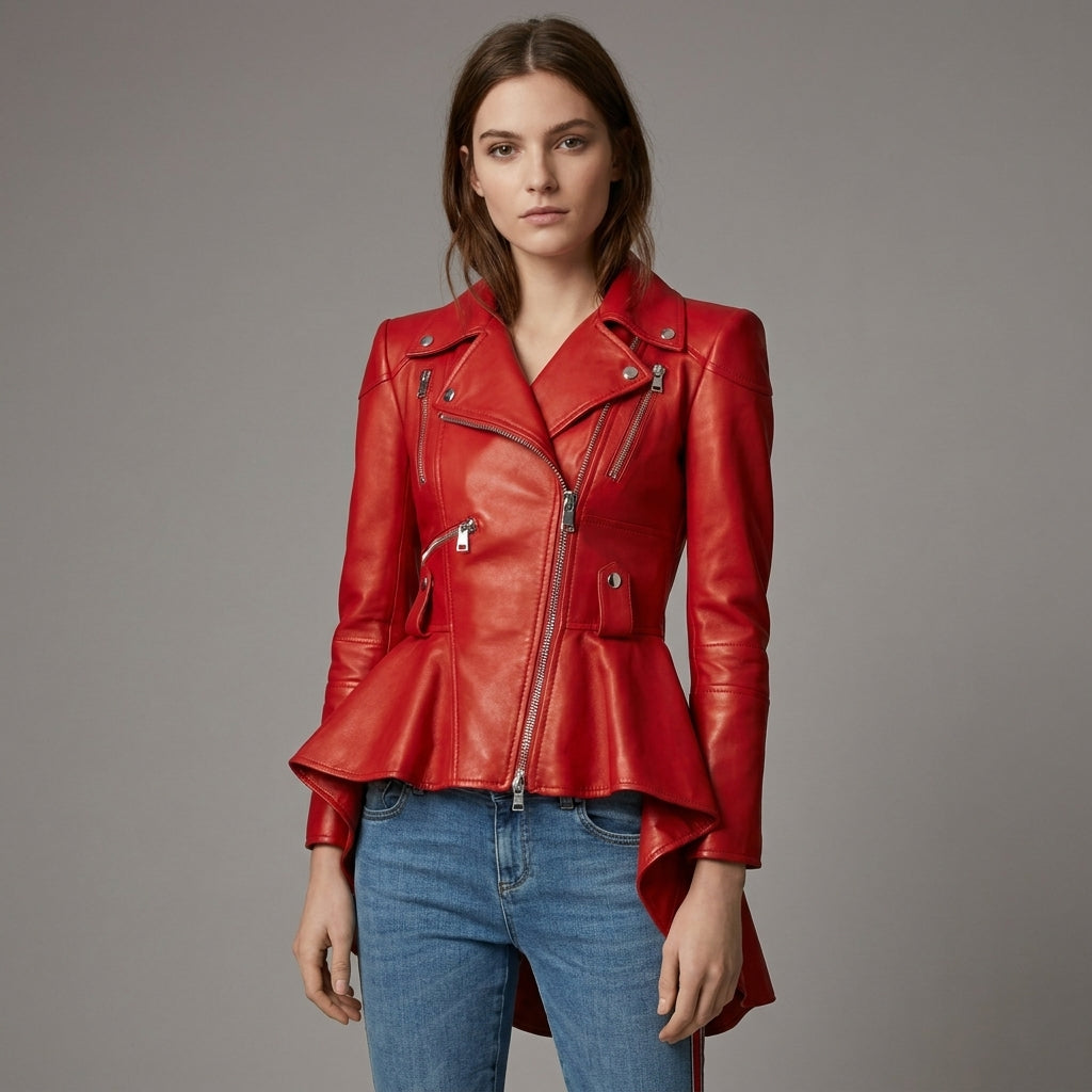 Red Peplum Women's Leather Jacket