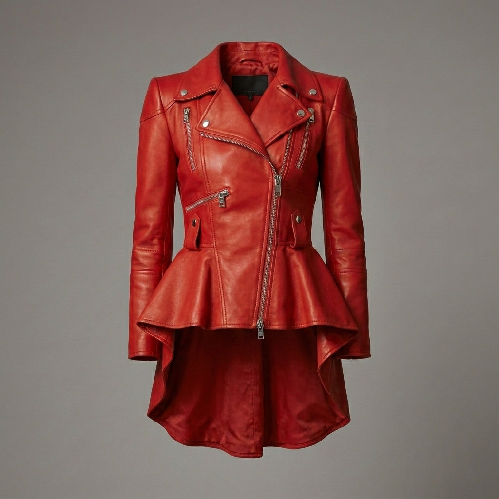 Red Peplum Women's Leather Jacket
