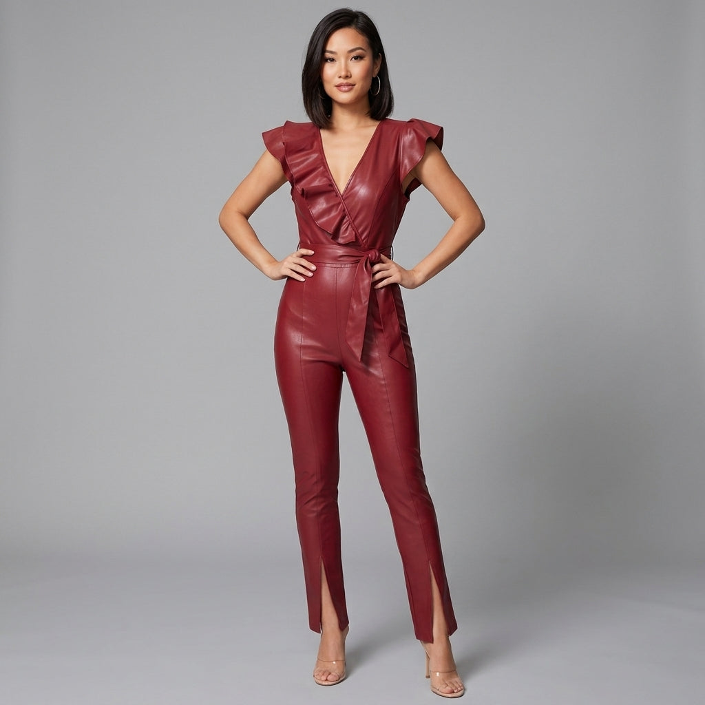 Rio Red Leather Ruffle Jumpsuit