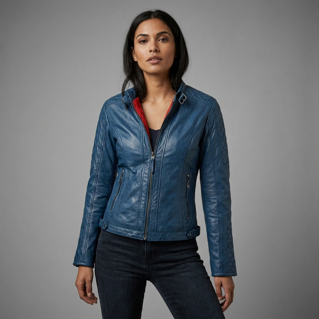 Royal Blue Women’s Genuine Leather Biker Jacket
