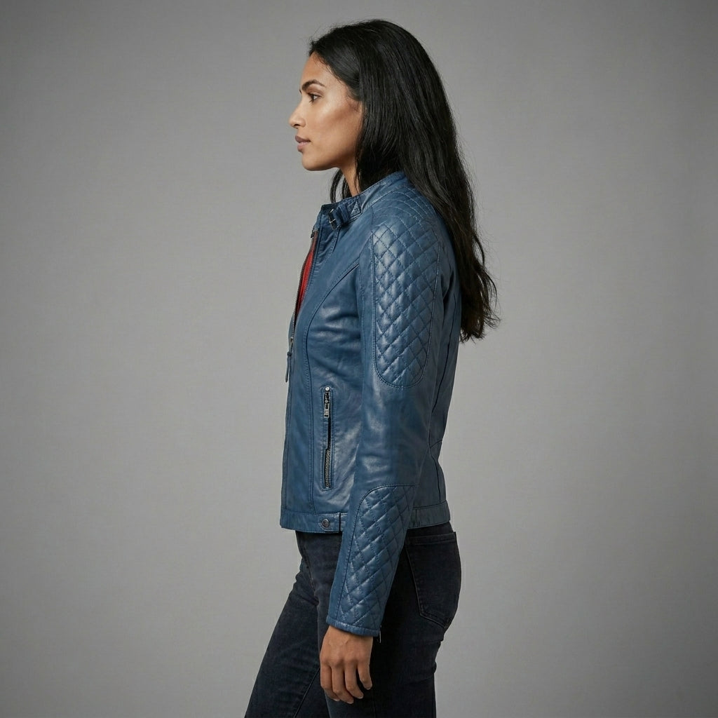 Royal Blue Women’s Genuine Leather Biker Jacket