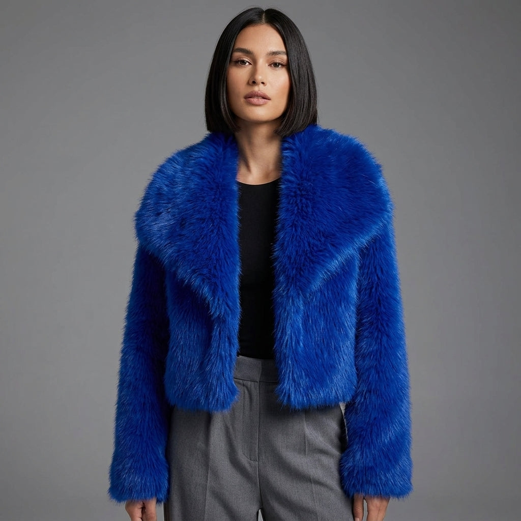 Royal Luxe Oversized Collar Faux Fur Jacket – Blue