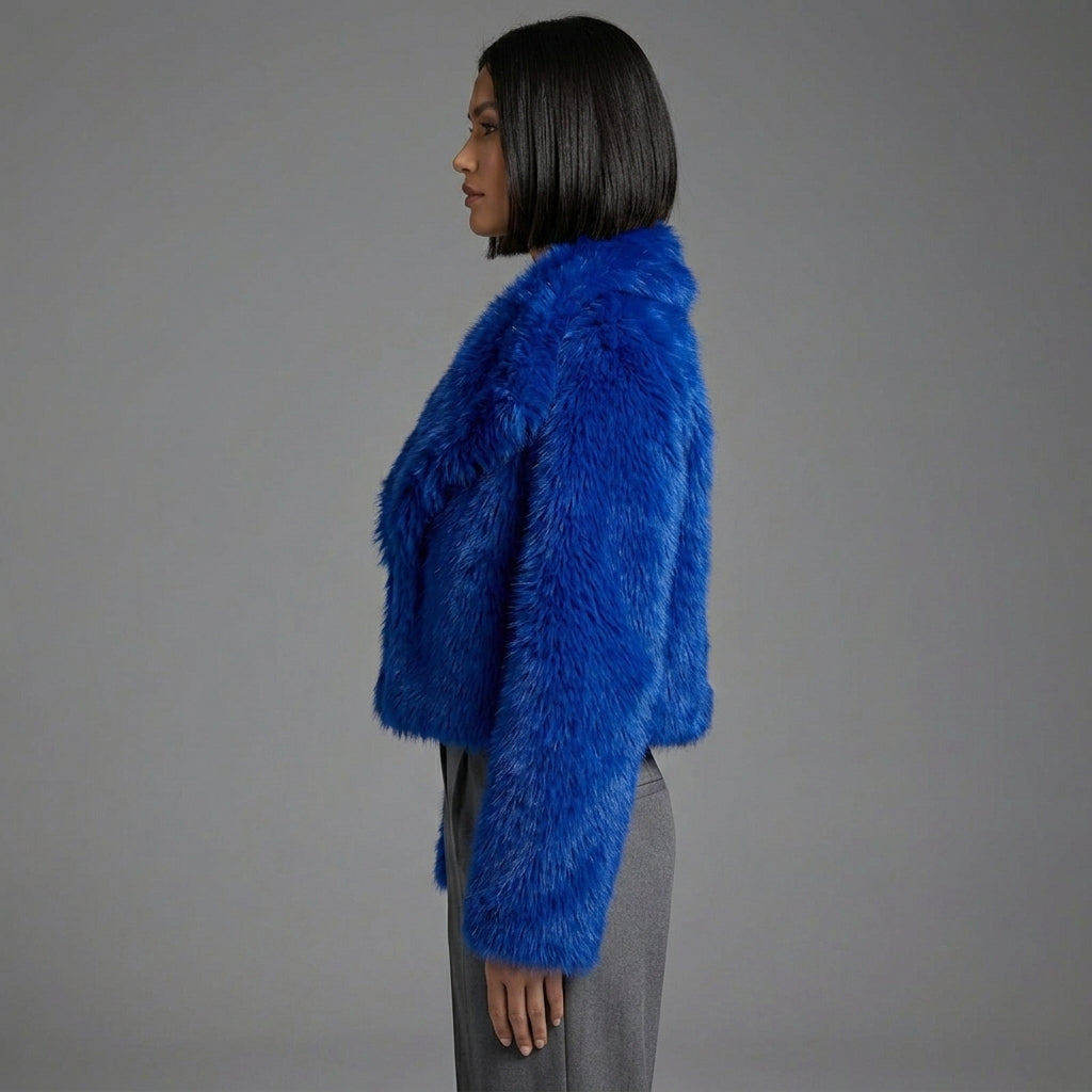 Royal Luxe Oversized Collar Faux Fur Jacket – Blue