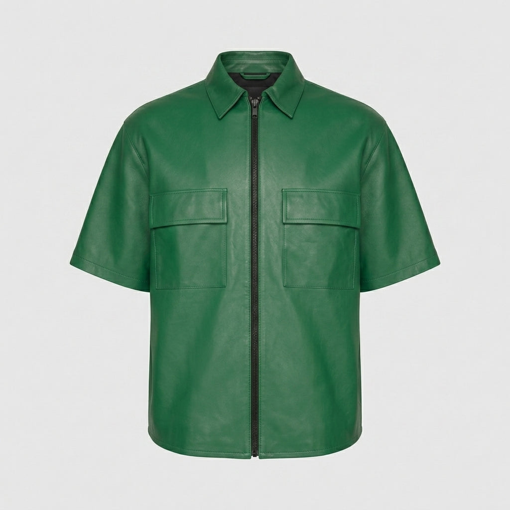 Men’s Green Half Sleeve Leather Shirt