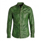 Men’s Green Napa Lamb Leather Biker Shirt