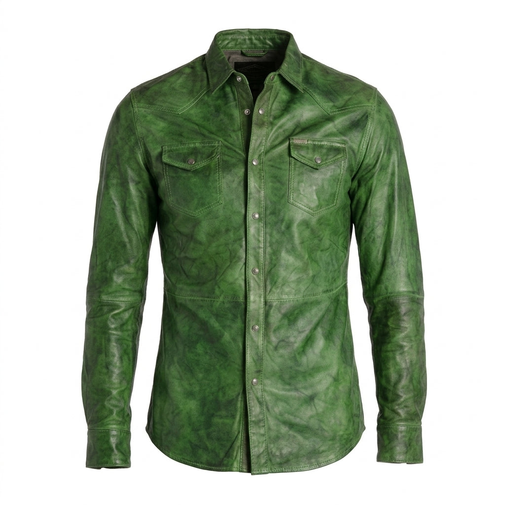 Men’s Green Napa Lamb Leather Biker Shirt
