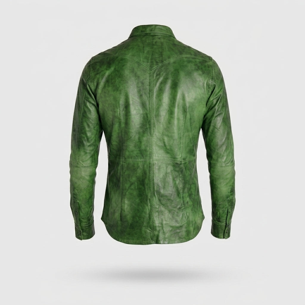 Men’s Green Napa Lamb Leather Biker Shirt
