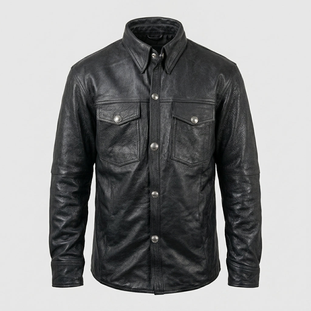 Men’s Genuine Leather Shirt – Vintage Buffalo Button Slim Fit Style