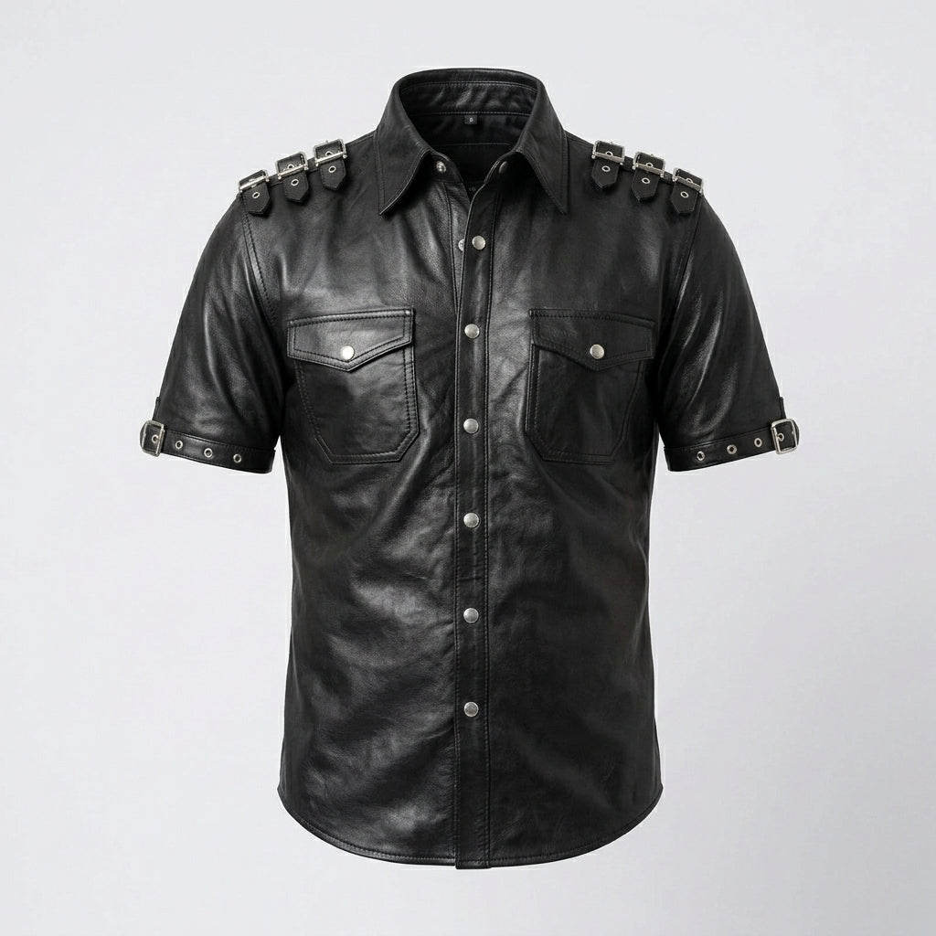 Men’s Stylish Napa Leather T-Shirt with Buckles