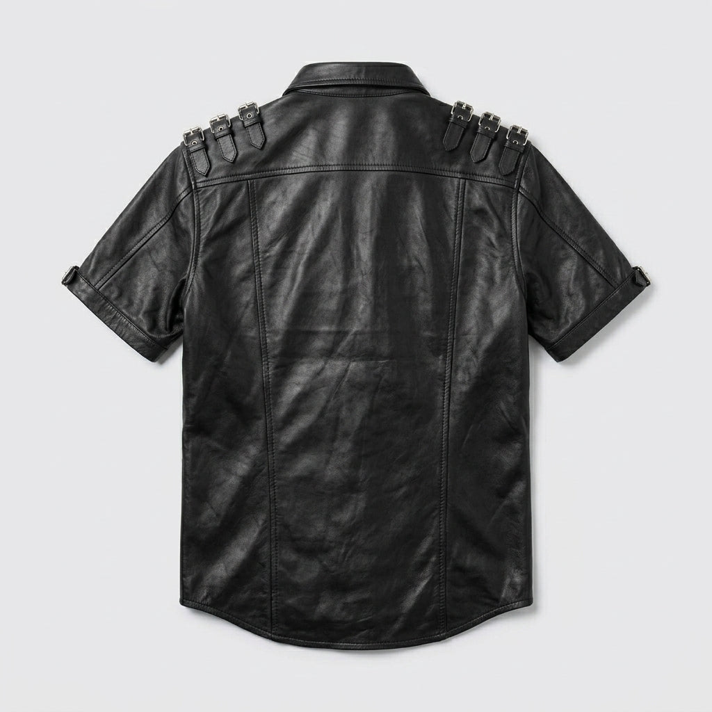 Men’s Stylish Napa Leather T-Shirt with Buckles