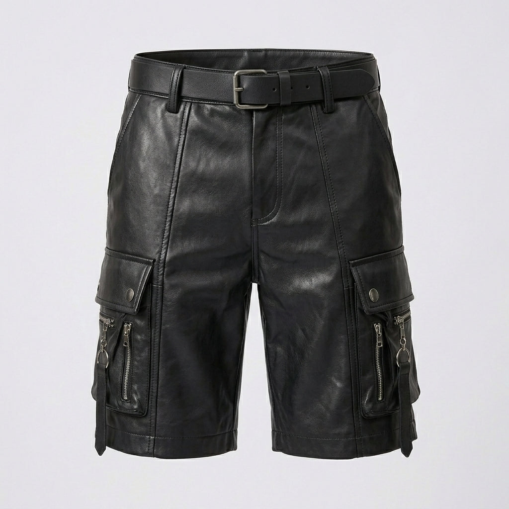 Men’s Black Leather Cargo Utility Shorts