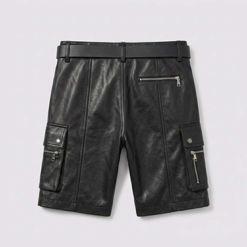 Men’s Black Leather Cargo Utility Shorts