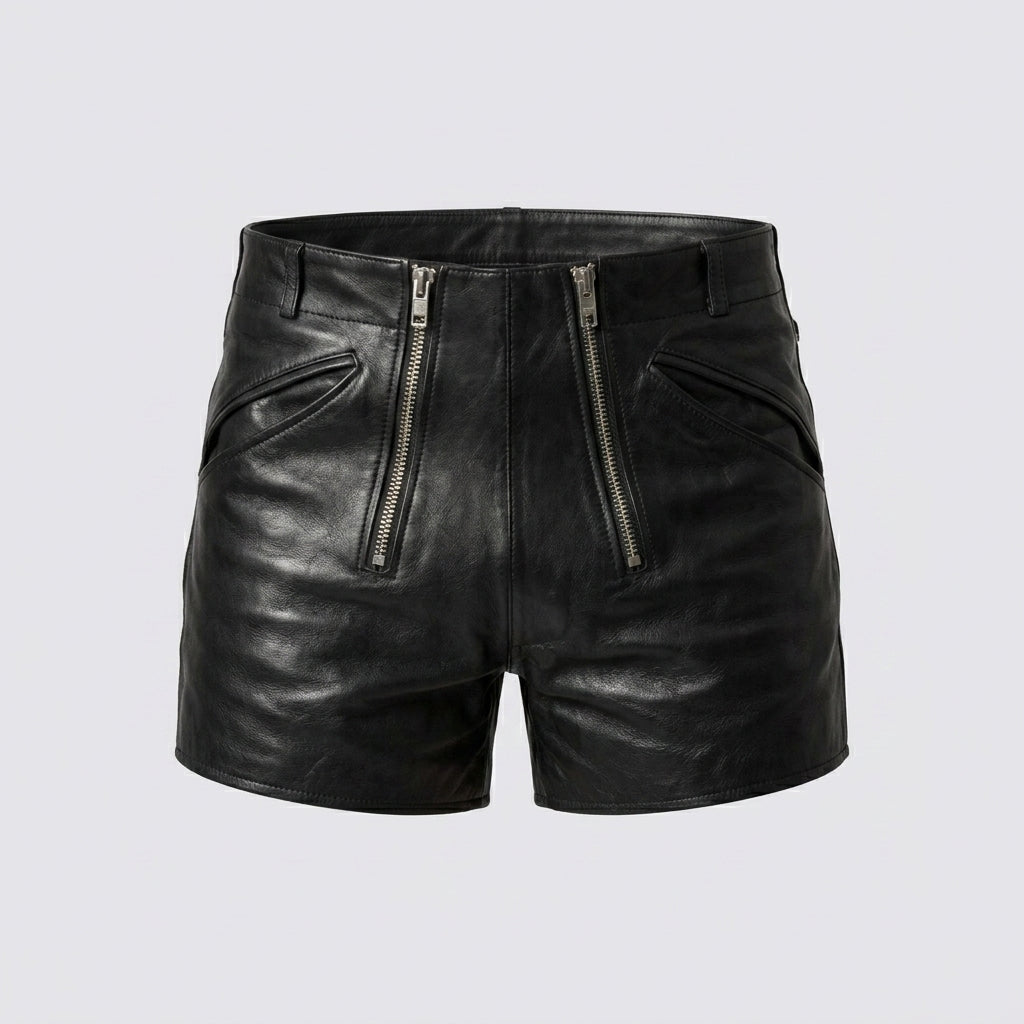Men’s Black Double Zipper Leather Shorts