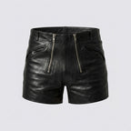 Men’s Black Double Zipper Leather Shorts