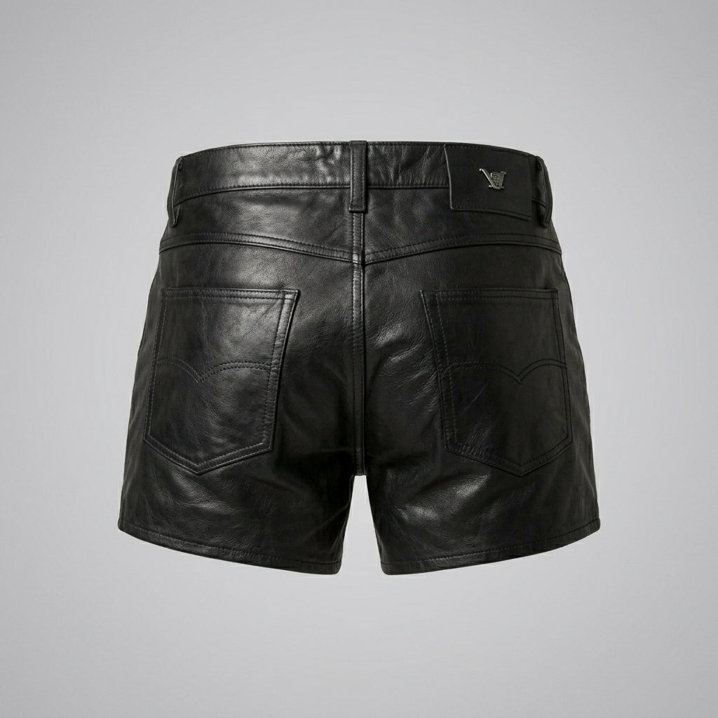 Men’s Black Double Zipper Leather Shorts