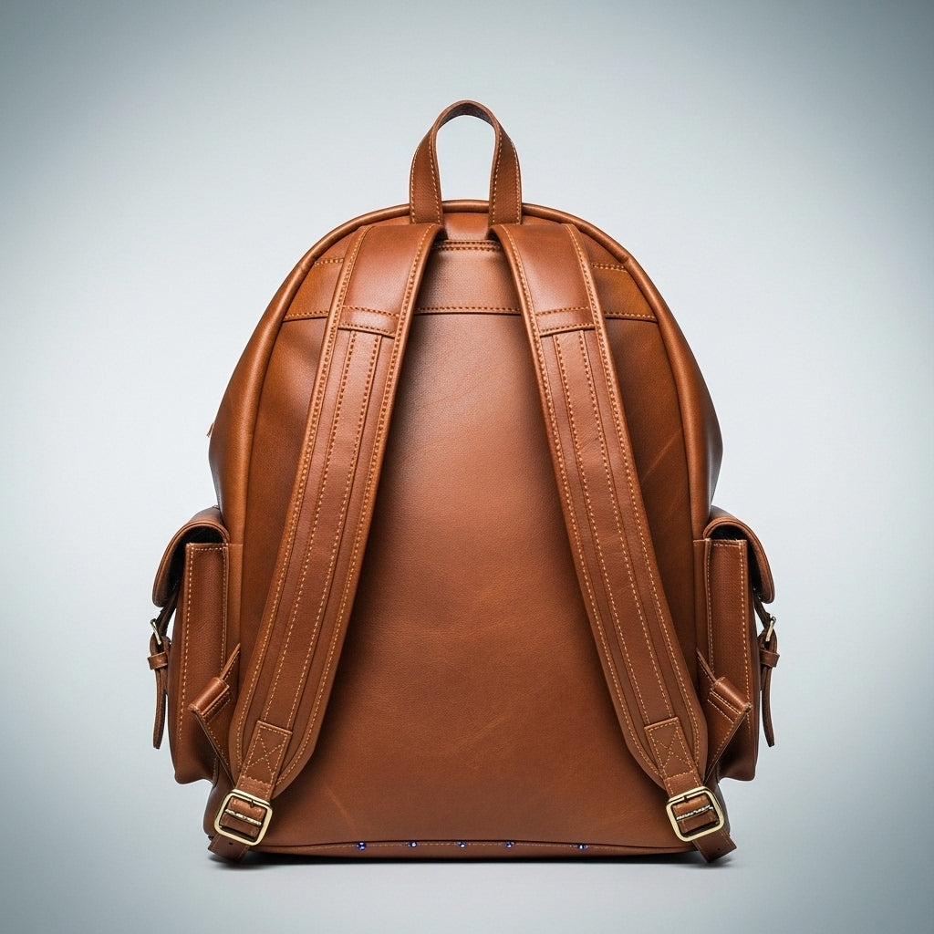 Vintage Brown Leather Backpack with Buckled Pockets & Adjustable Straps
