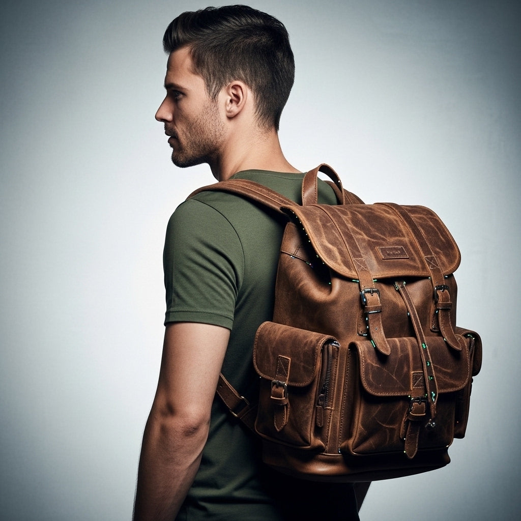 Rugged Distressed Full-Grain Leather Backpack with Buckle Closures & Exterior Pockets