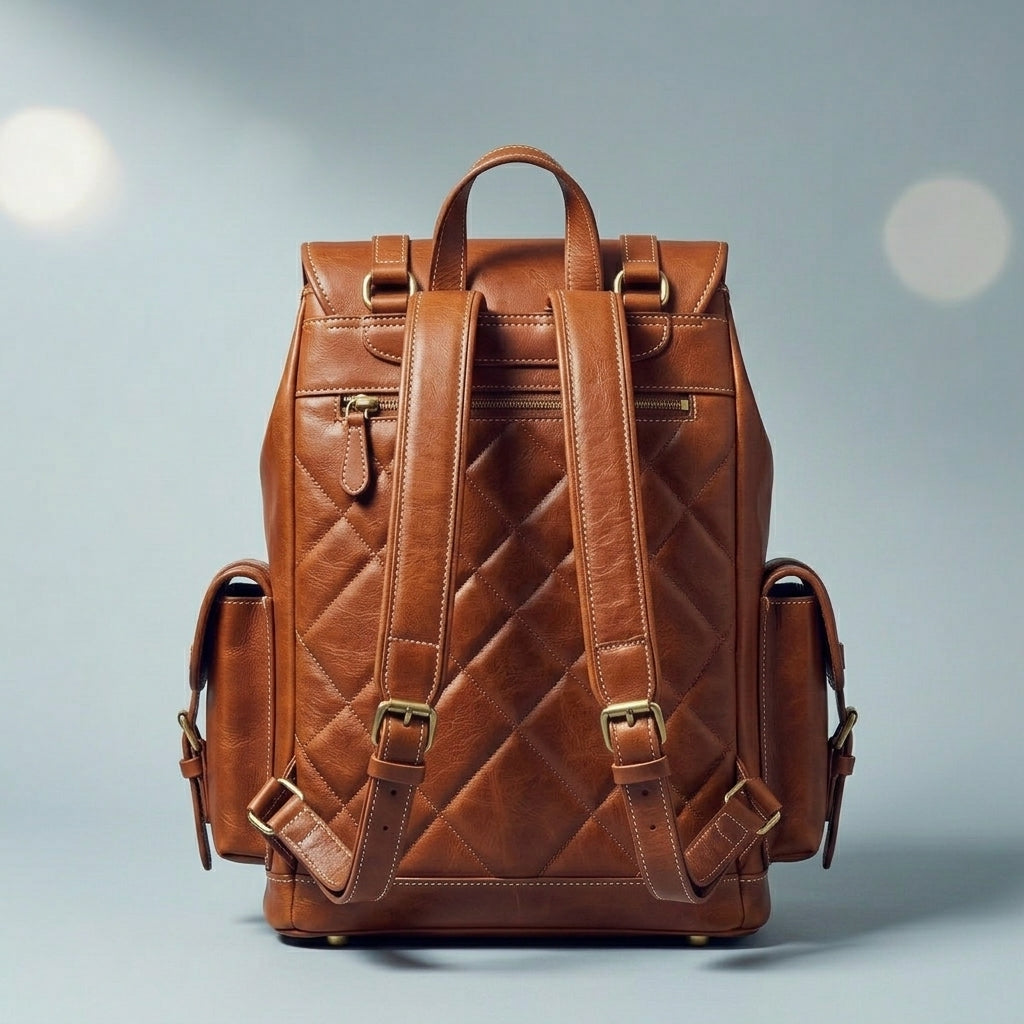 Vintage Genuine Leather Backpack with Buckle Straps & Multiple Exterior Pockets