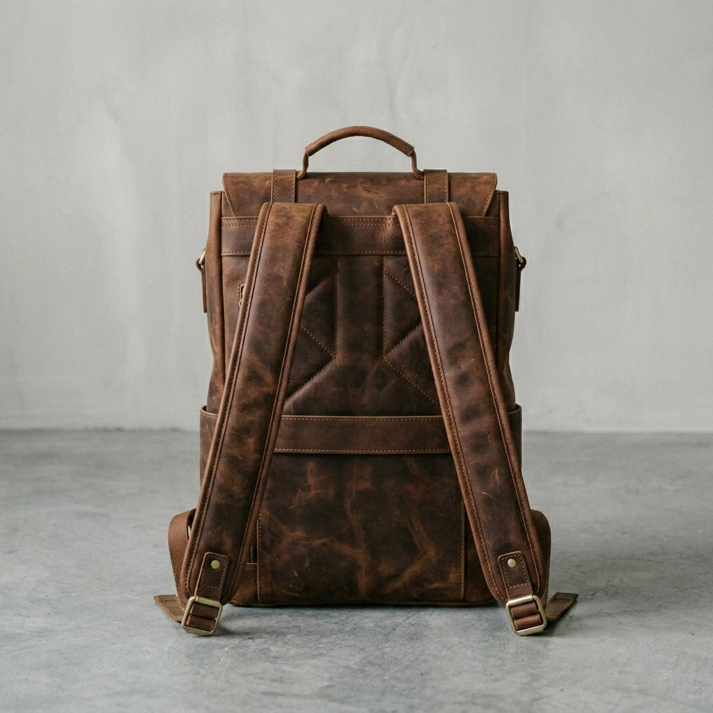 Vintage Genuine Leather Laptop Backpack with Multiple Pockets & Brass Hardware