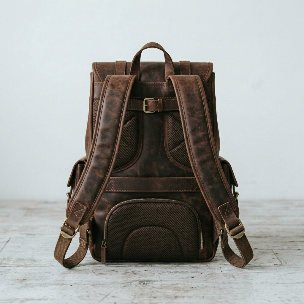 Retro Genuine Leather Laptop Backpack with Classic Buckle Closures