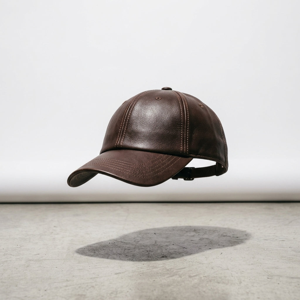 Brown Leather Baseball Cap with Contrast Stitching & Adjustable Strap