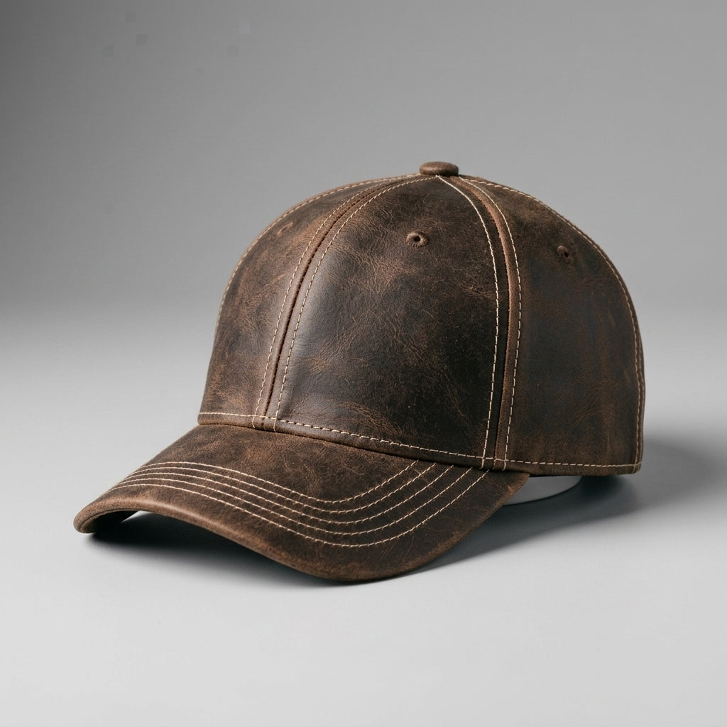 Handmade Distressed Brown Cowhide Leather Baseball Cap with White Contrast Stitching