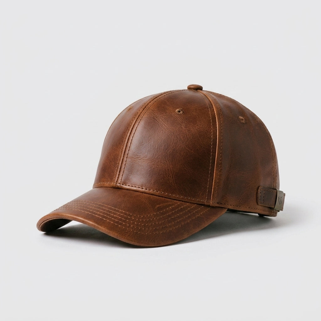Brown Distressed Leather Baseball Cap with Metal Buckle Adjustable Strap