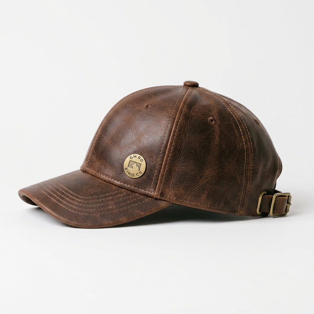 ISLEFIELD Brown Leather Baseball Cap with Gold Circular Logo
