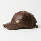 ISLEFIELD Brown Leather Baseball Cap with Gold Circular Logo