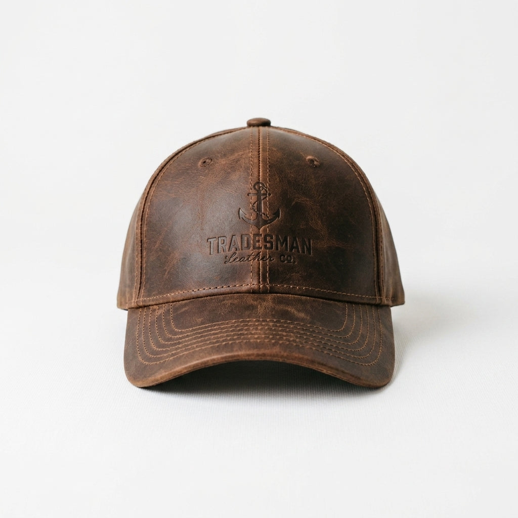 Tradesman Leather Co. Brown Leather Baseball Cap with Debossed Anchor Logo