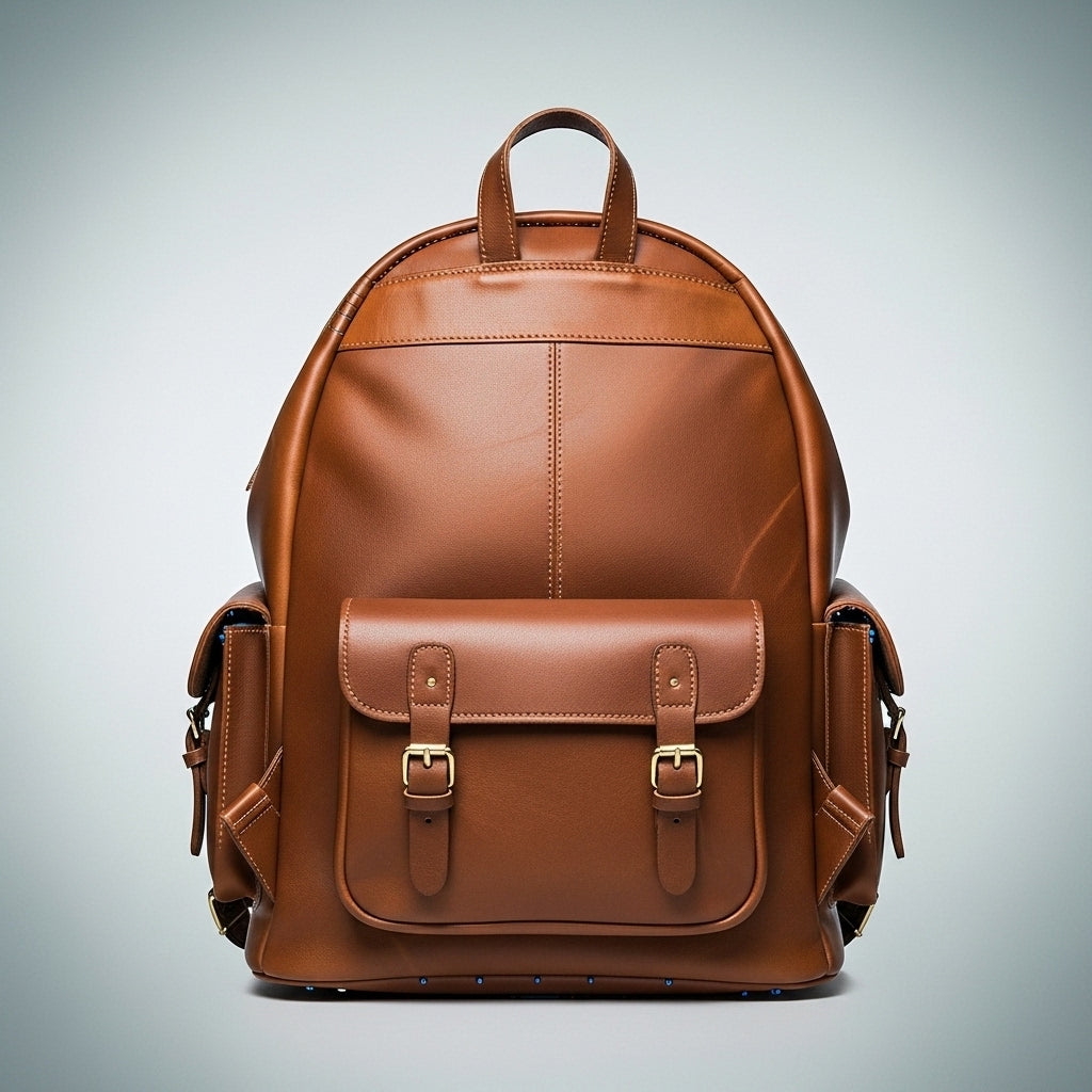 Vintage Brown Leather Backpack with Buckled Pockets & Adjustable Straps
