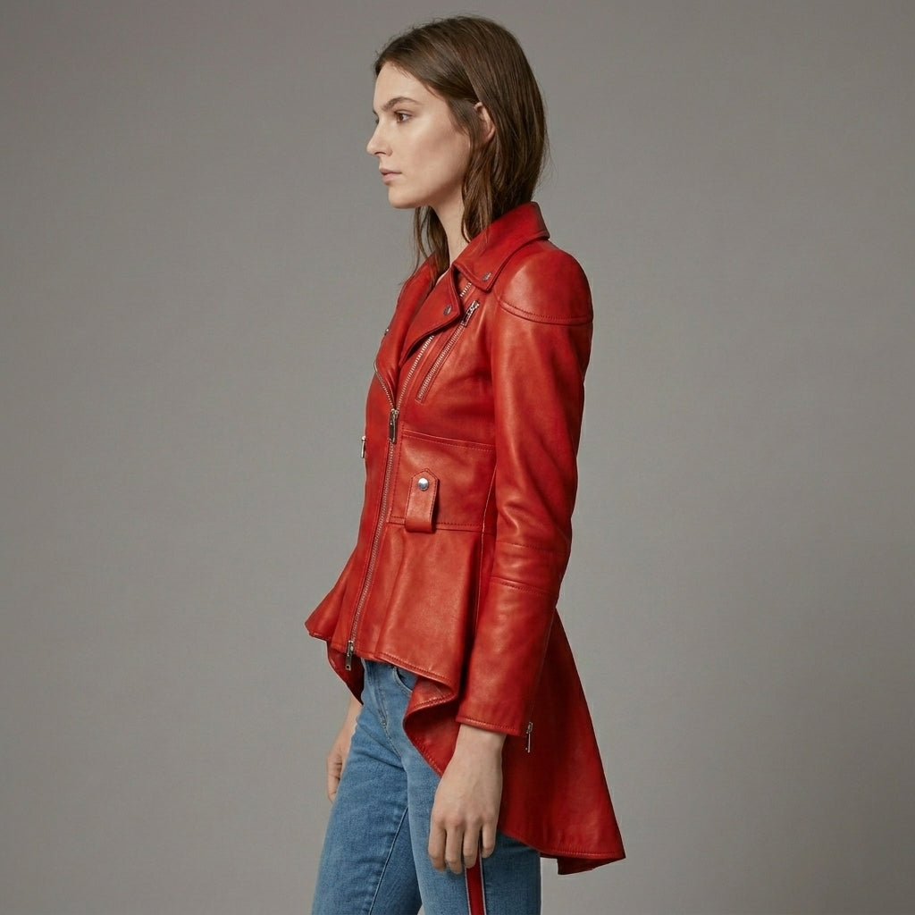 Red Peplum Women's Leather Jacket