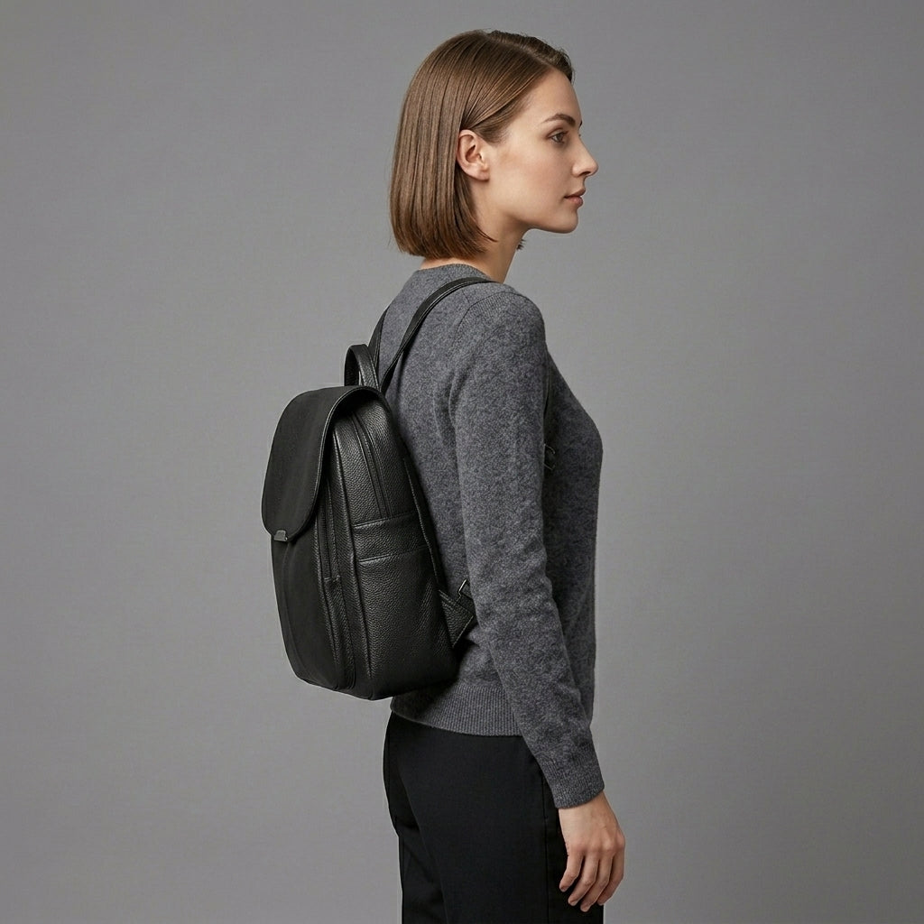 Elegant Black Leather Backpack for Girls