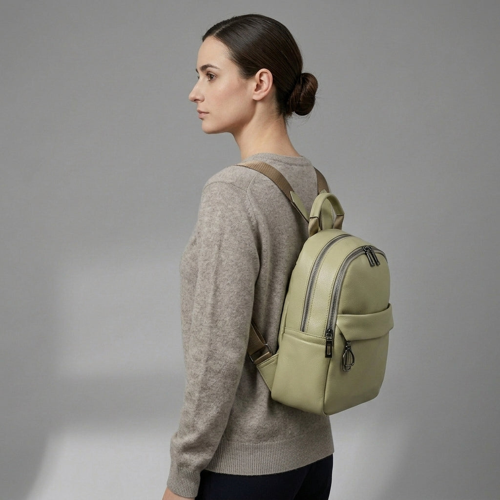Beige Genuine Leather Backpack for Women