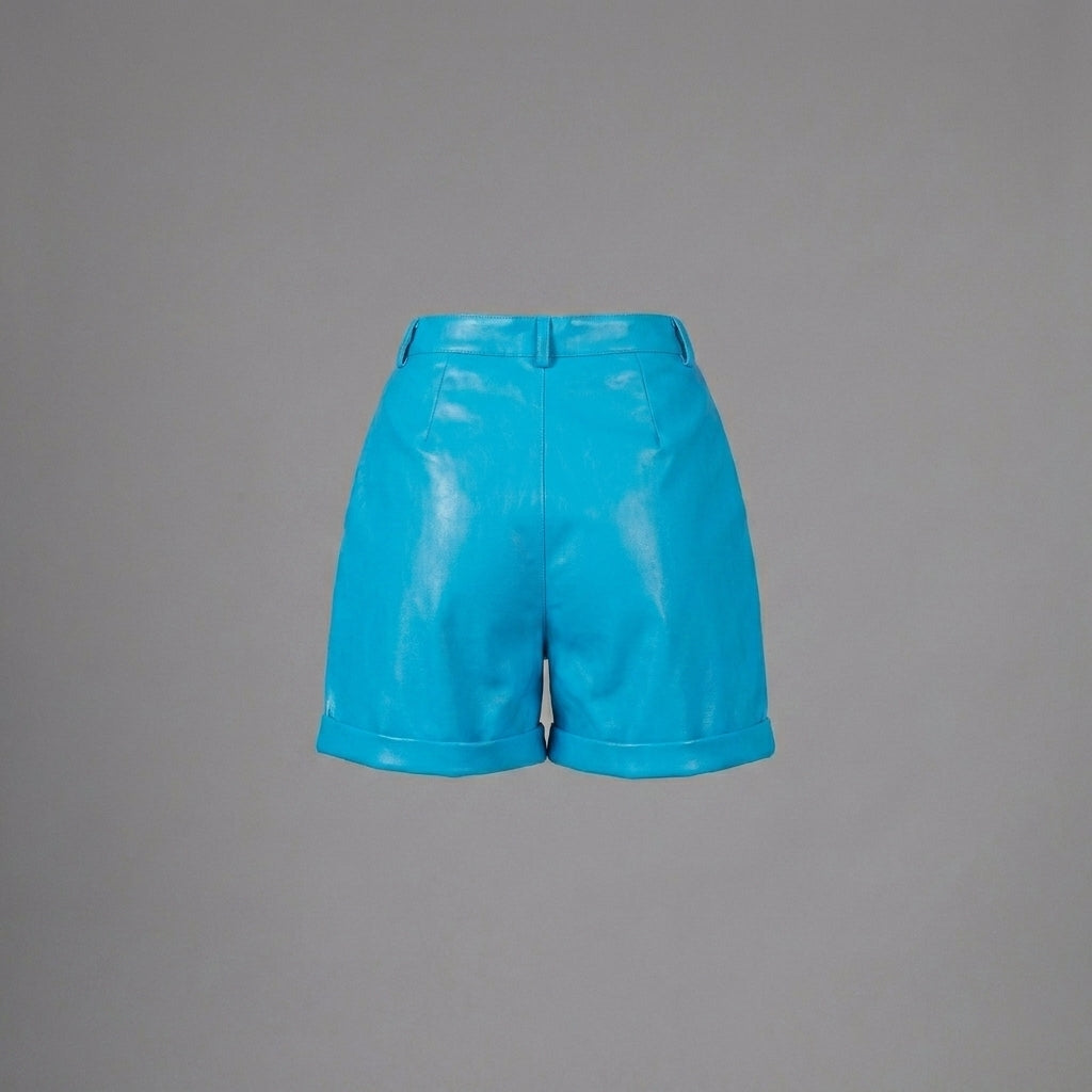 Sky Blue High-Waisted Genuine Leather Shorts for Women