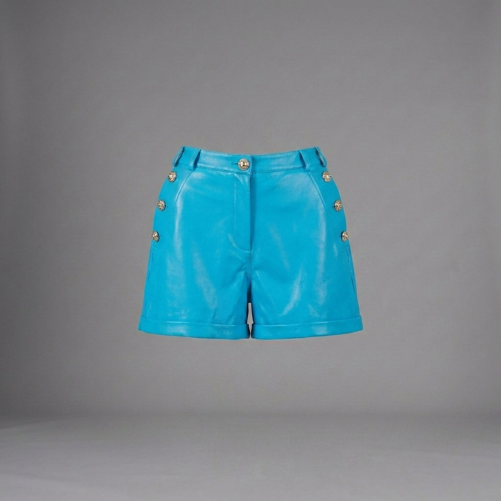 Sky Blue High-Waisted Genuine Leather Shorts for Women