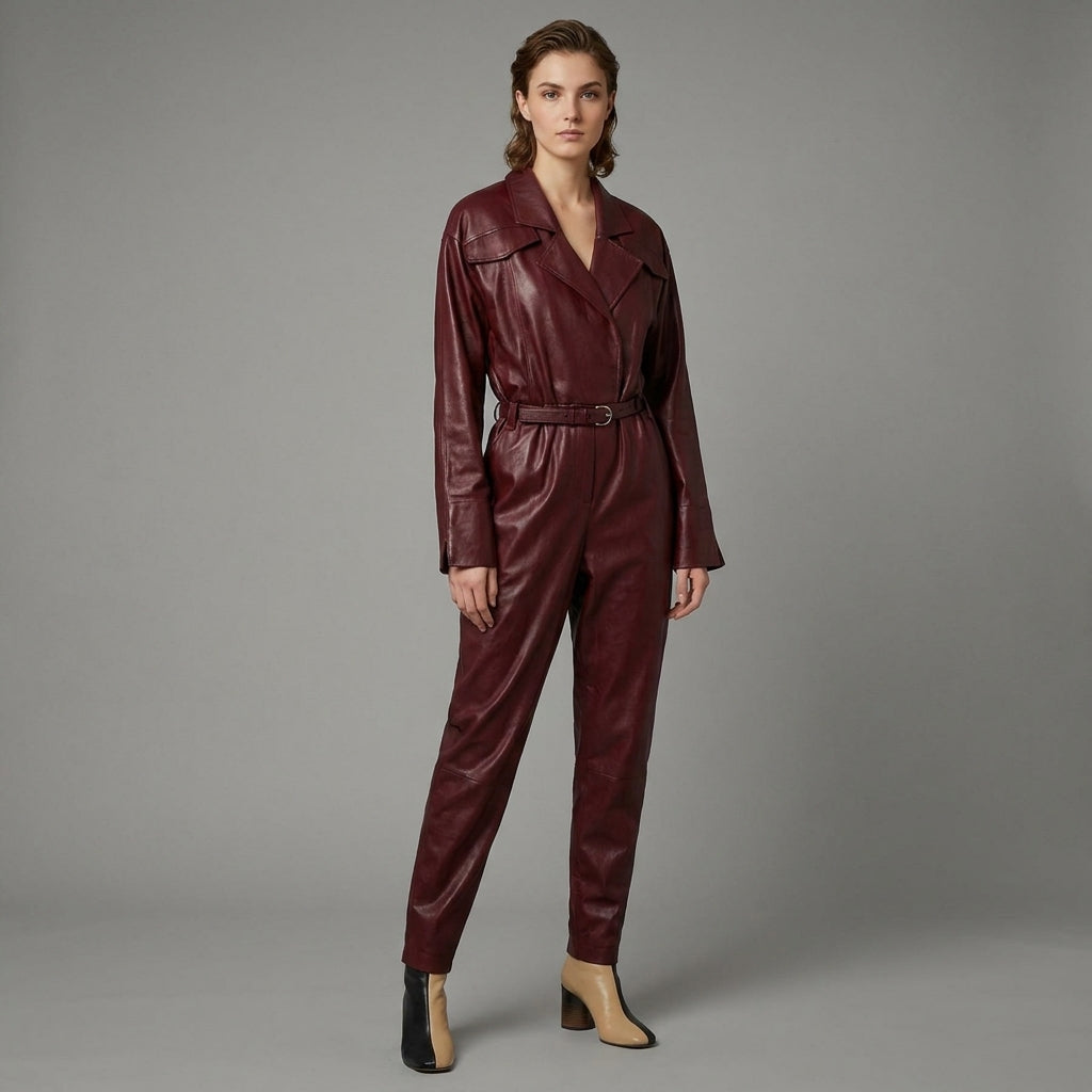 Two-Tone Boots Styled Leather Jumpsuit for Women